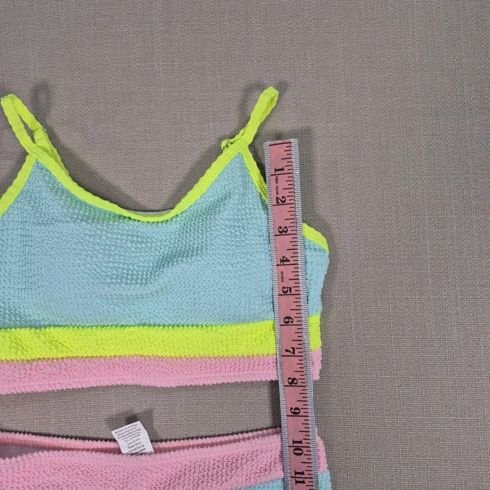 Girls Color Block Textured Bikini Set Blue Pink Neon Yellow Size 11-12Y NWOT